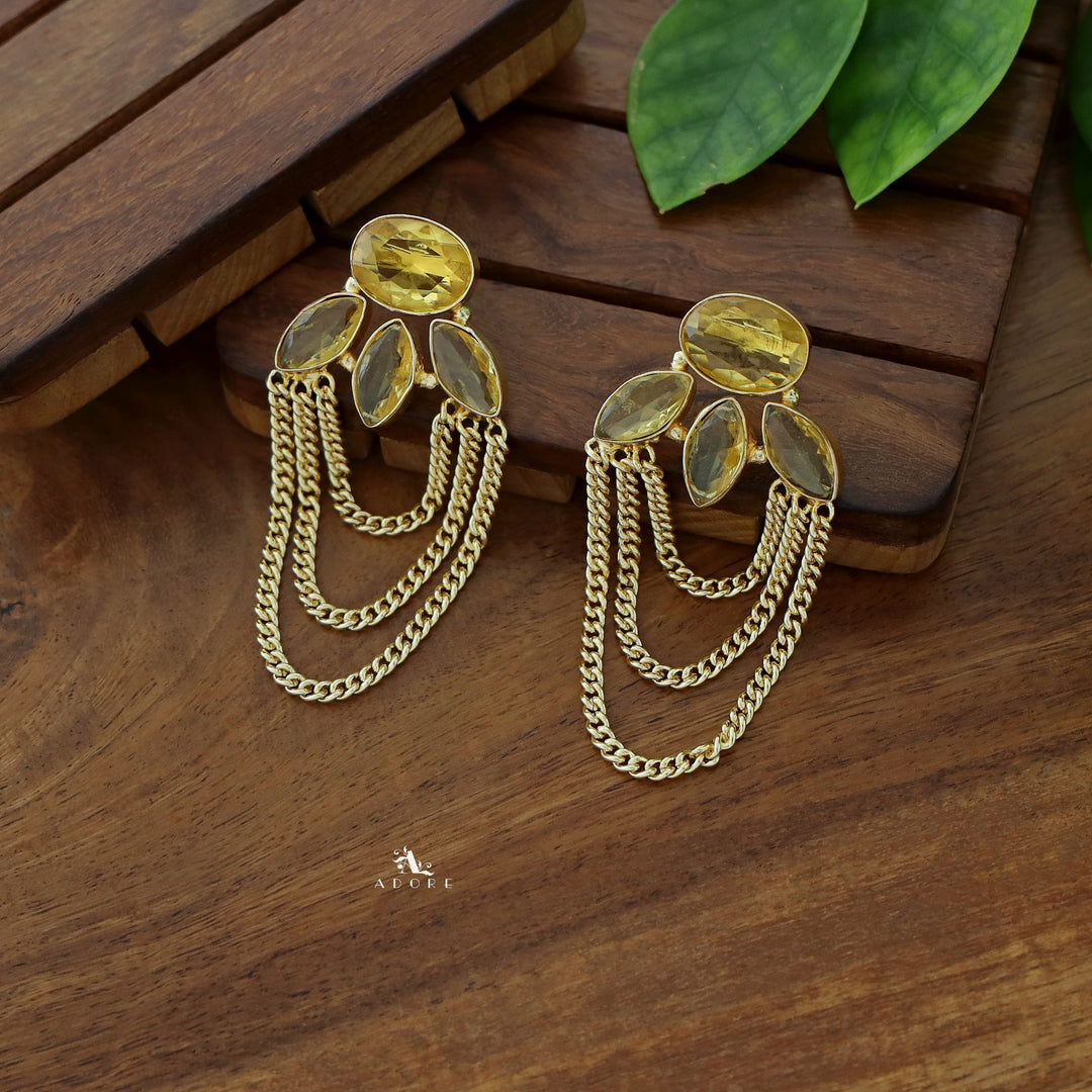 Glossy Oval Tri Leaf Chain Earring