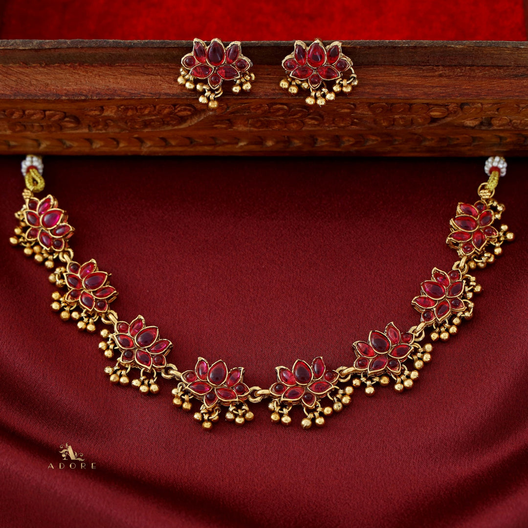 Anshika Golden Beads Lotus Neckpiece With Earring