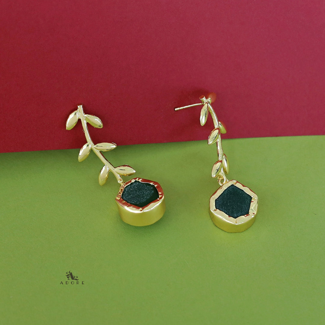 Golden Leay Branch Raw Stone Earring