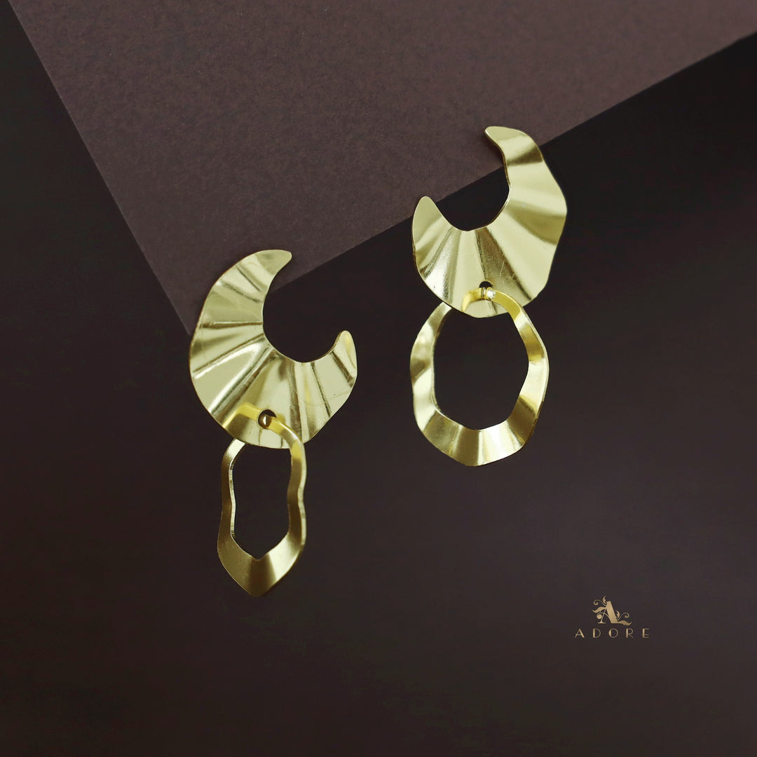 Golden Folded Circle And Moon Earring