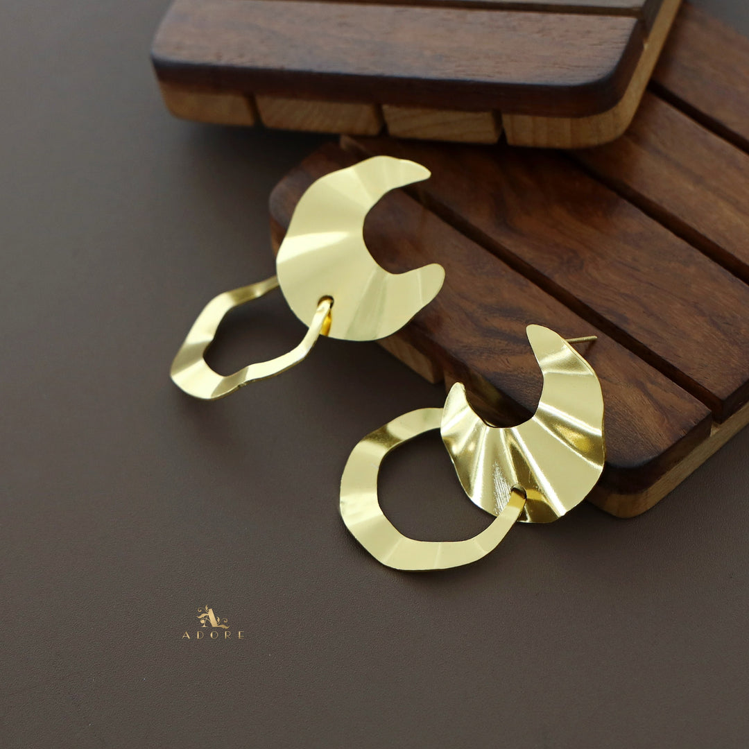 Golden Folded Circle And Moon Earring