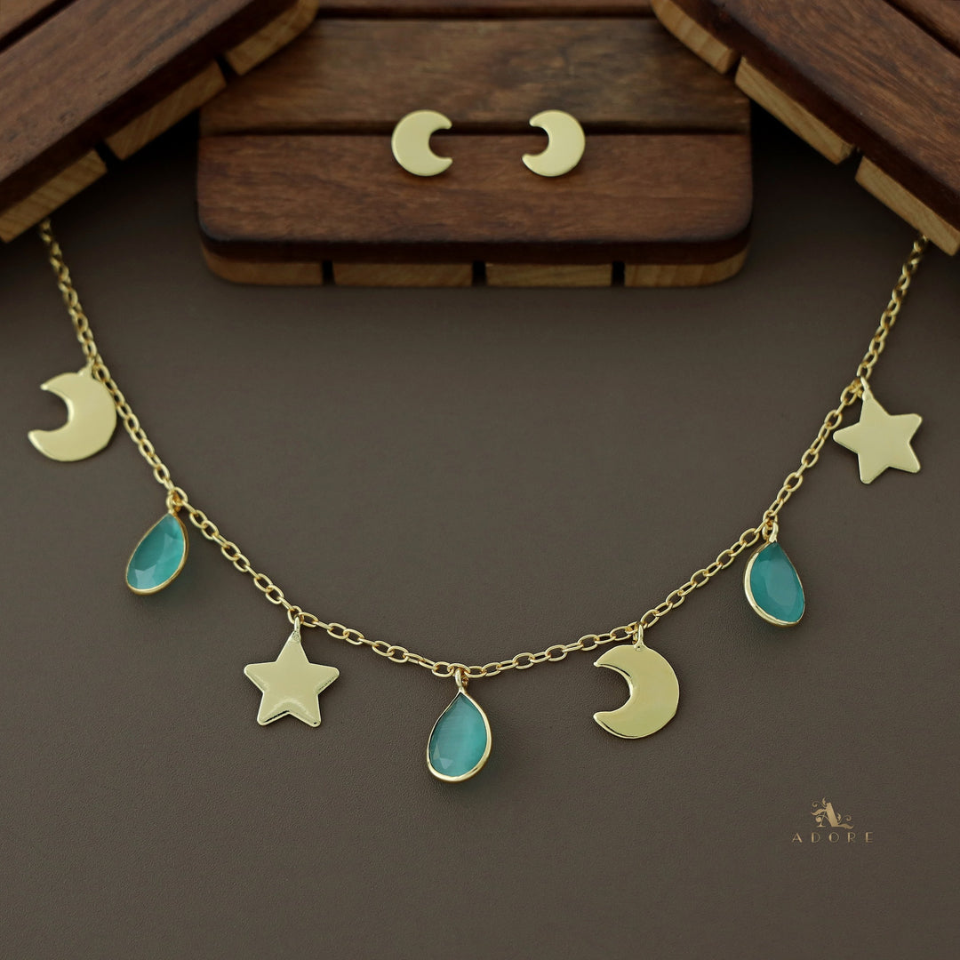 Astral Glossy Tri Drop Neckpiece With Golden Moon Stud