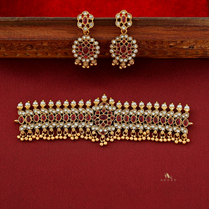 Arishba Golden Beaded Flower Pearl Choker With Earring