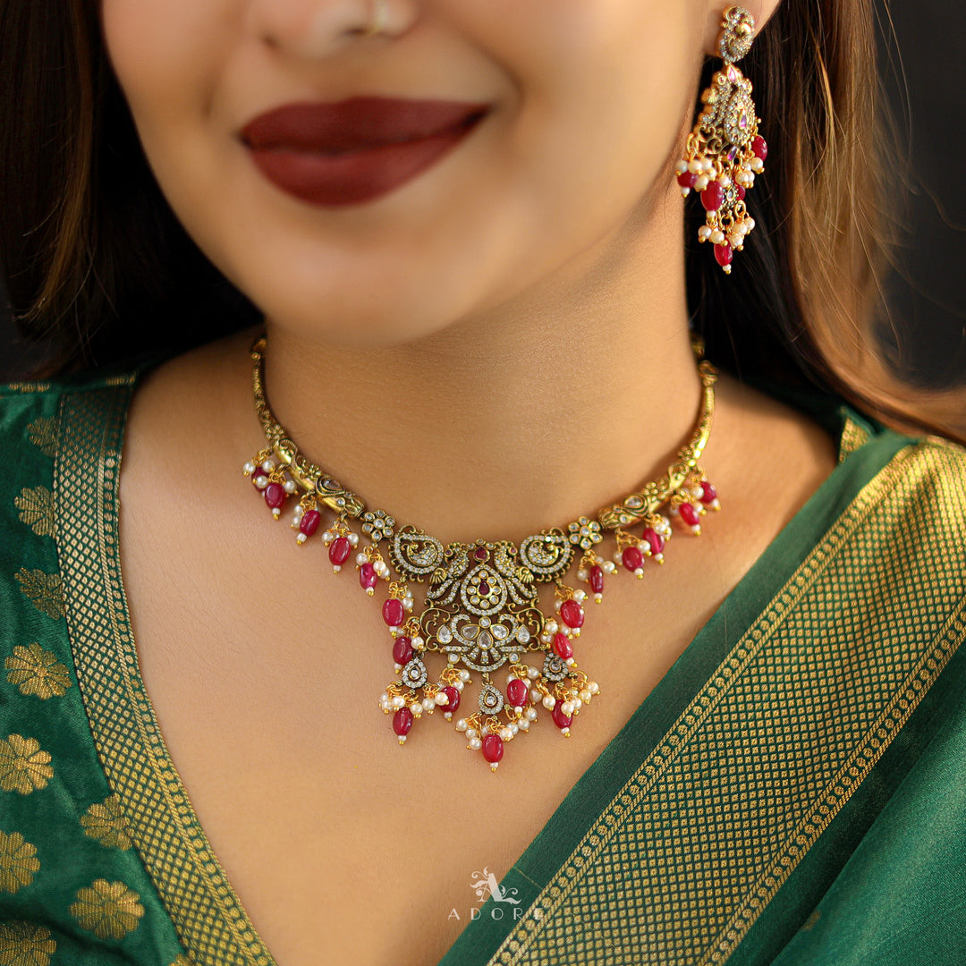 Ushas AD Stone Pearl Branch Wing Neckpiece With Earring