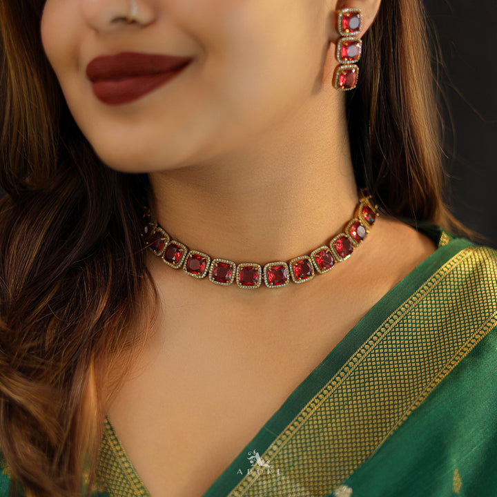 Premium Nadhaliya Square AD Stone Short Neckpiece with Earring