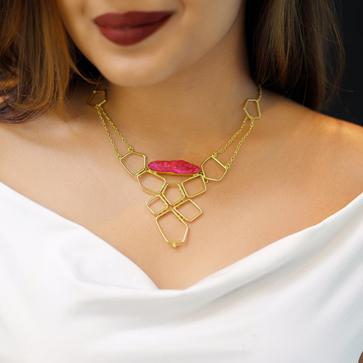 Golden Blocks And Chain Dyed Stone Neckpiece