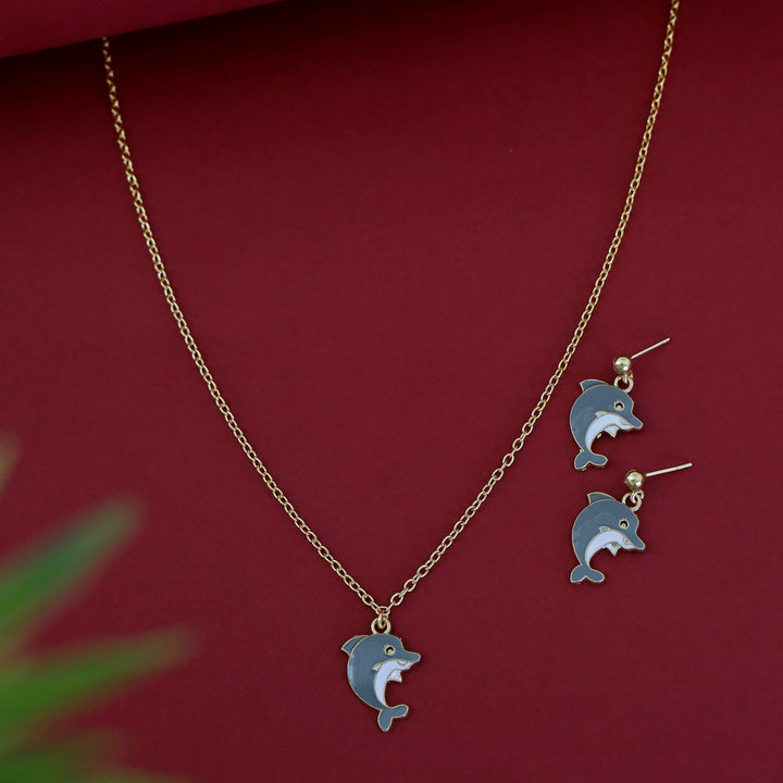 Kids Charm Tiny Dolphin Neckpiece With Earring