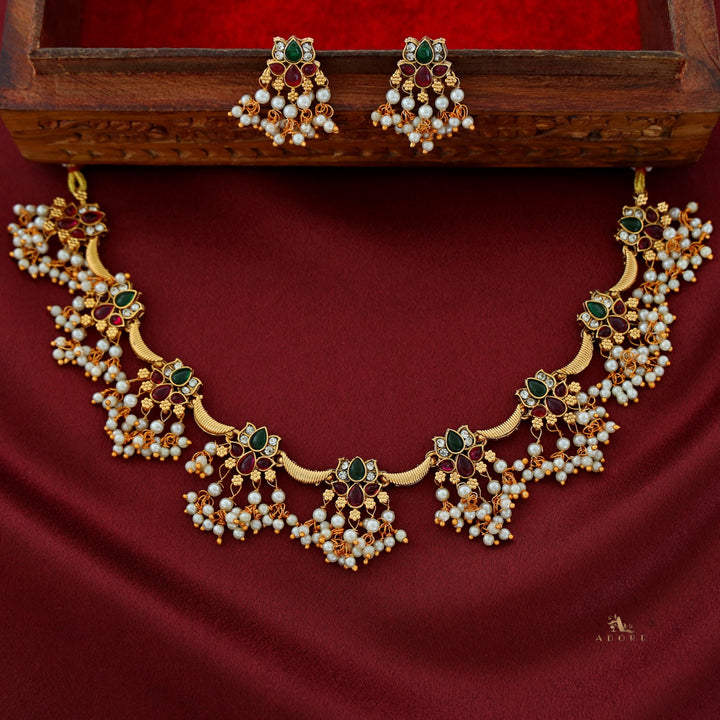 Vinaya Golden Lotus Pearl Short Neckpiece With Earring