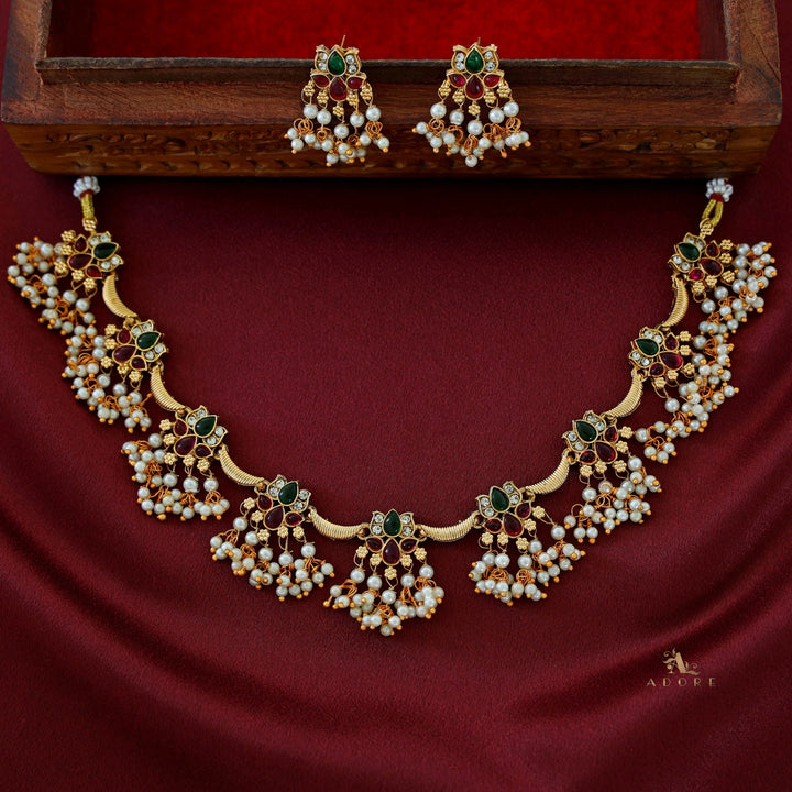 Vinaya Golden Lotus Pearl Short Neckpiece With Earring