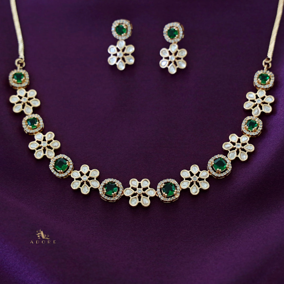 Premium Olivia Flower Polki Kundan Neckpiece With Earring