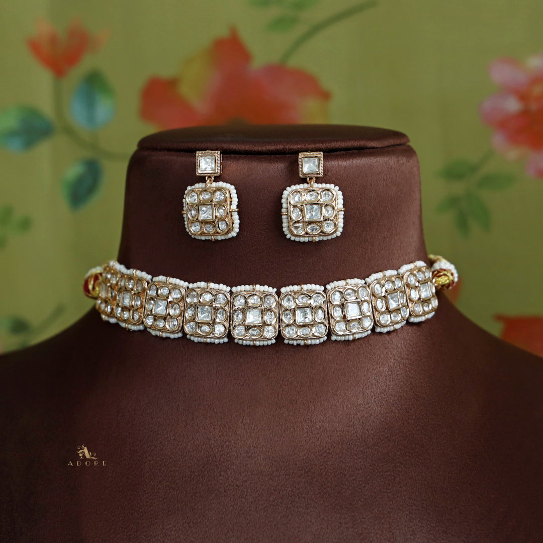 Nikita Premium Squares And Ovals Kundan Choker with Earring