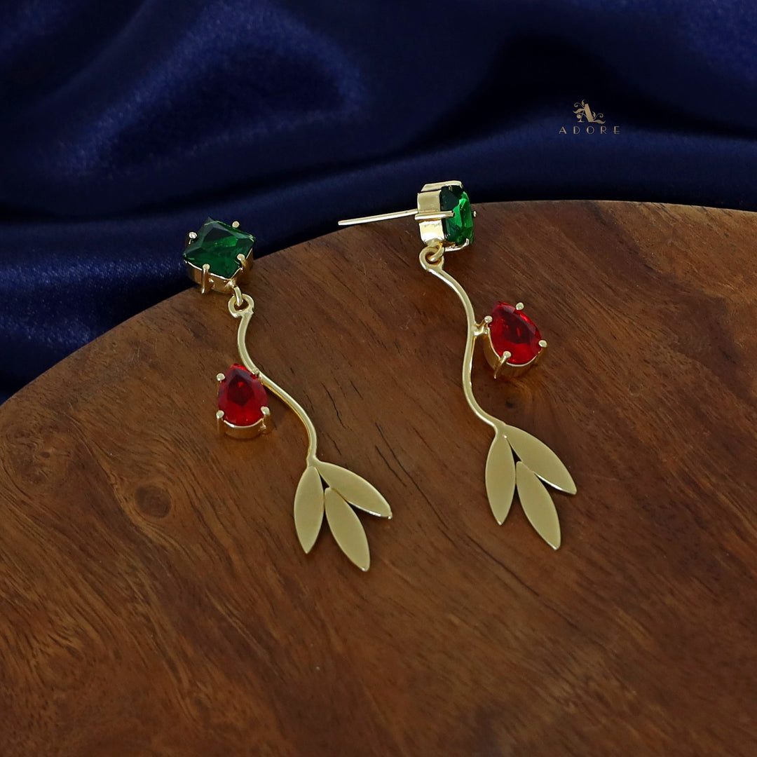 Curvy Golden Tri Leaf Glossy Earring