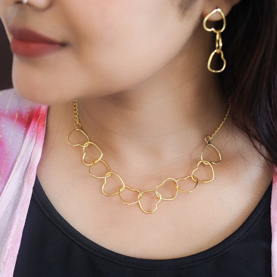 Golden Heart Neckpiece With Earring