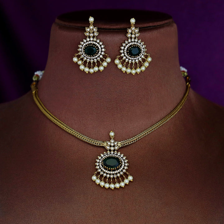 Vishita AD Stone Cluster Pearl Neckpiece With Earring