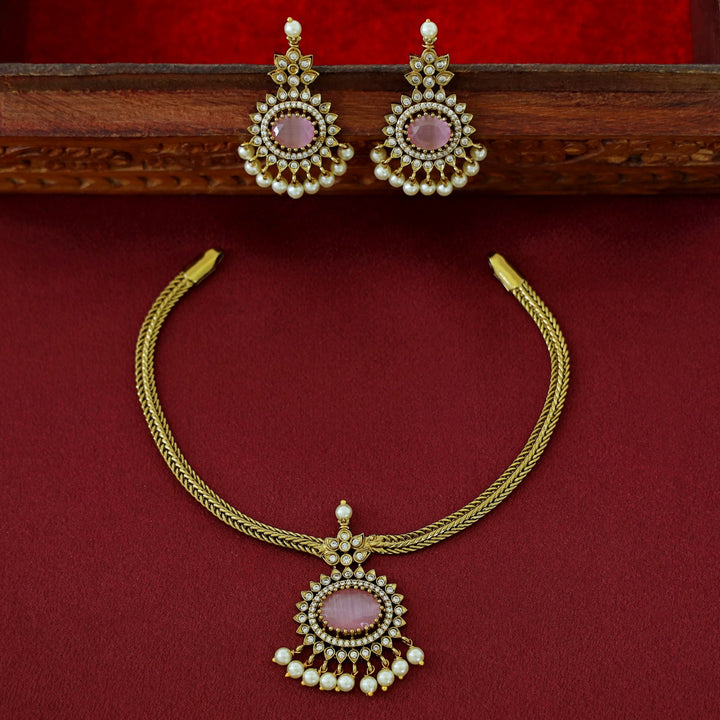 Vishita AD Stone Cluster Pearl Neckpiece With Earring