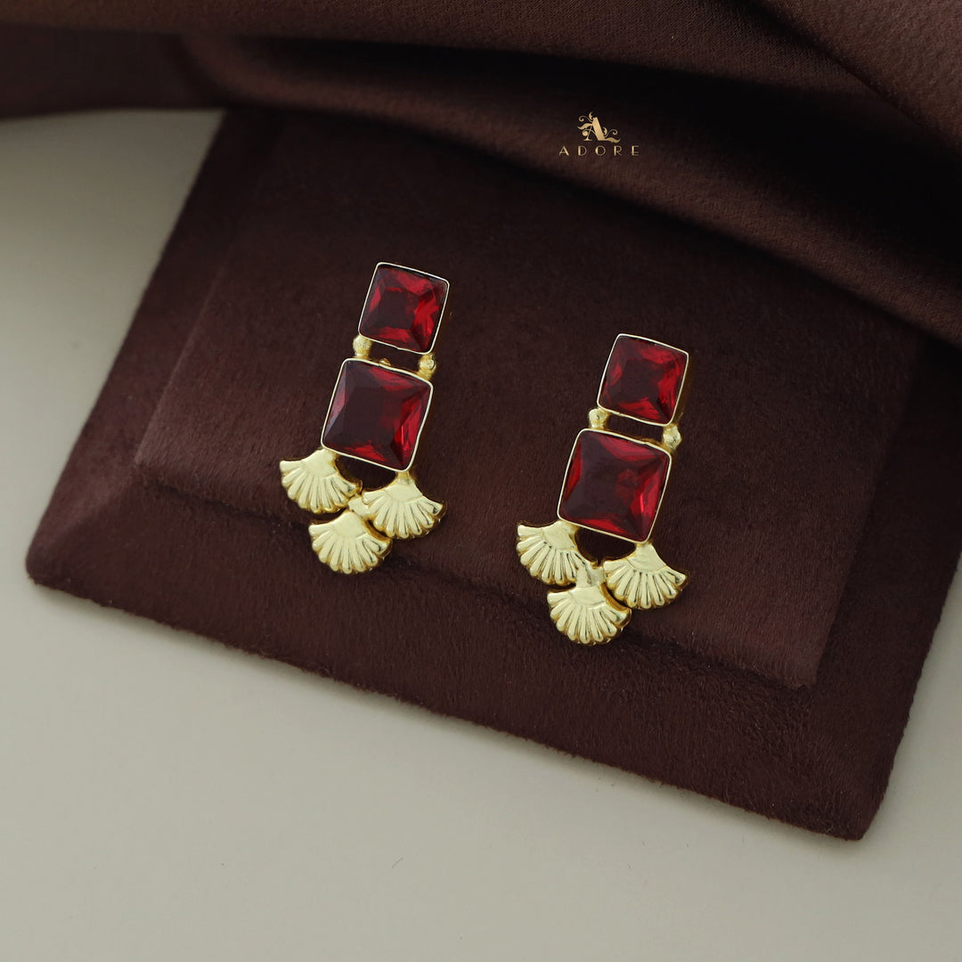 Golden Tri Leaf with Dual Glossy Stones Earring