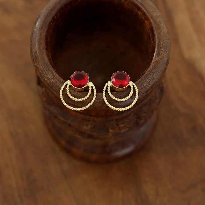 Golden Twisted Dual Circle Glossy Stone Earring