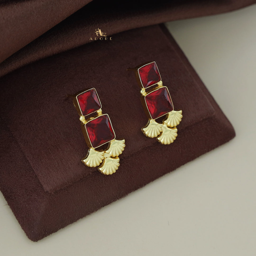 Golden Tri Leaf with Dual Glossy Stones Earring