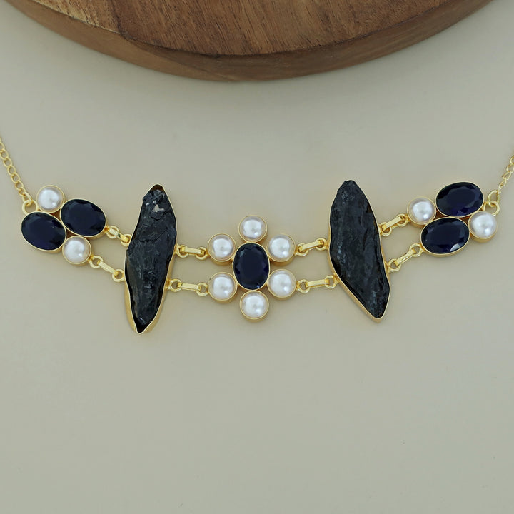 Dual Oval Glossy Pearl Raw Stone Choker