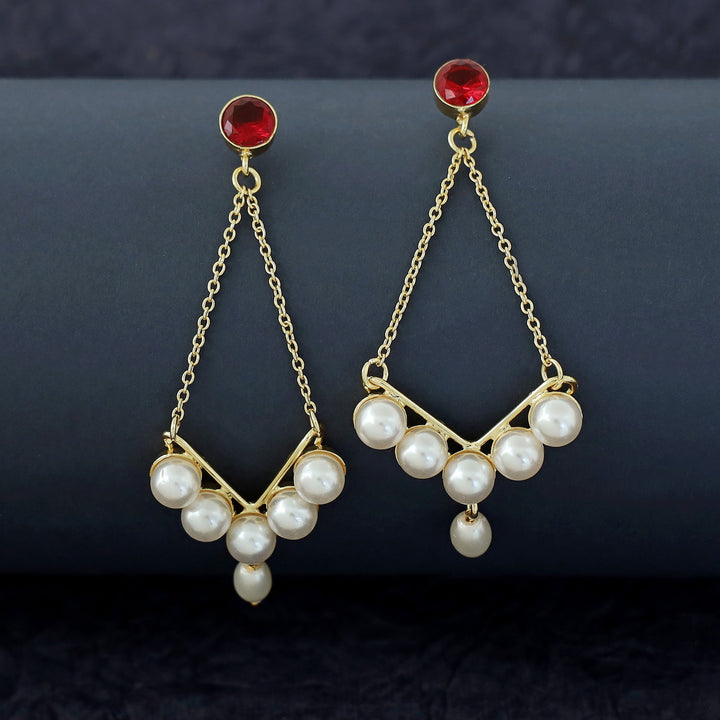 Dhivara Golden V Shape Pearl Glossy Stone Earring