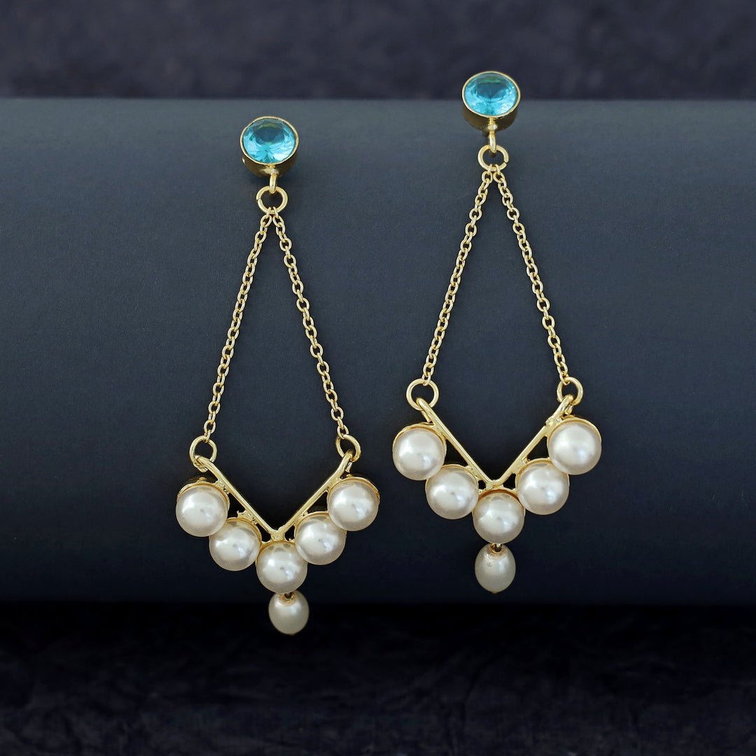 Dhivara Golden V Shape Pearl Glossy Stone Earring