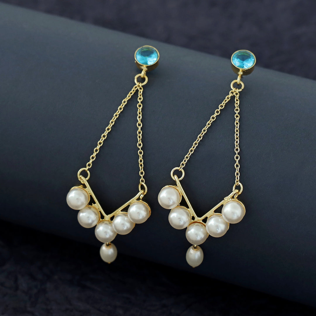 Dhivara Golden V Shape Pearl Glossy Stone Earring