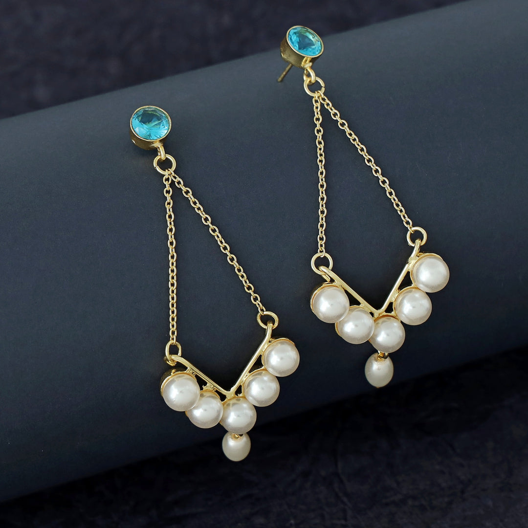 Dhivara Golden V Shape Pearl Glossy Stone Earring