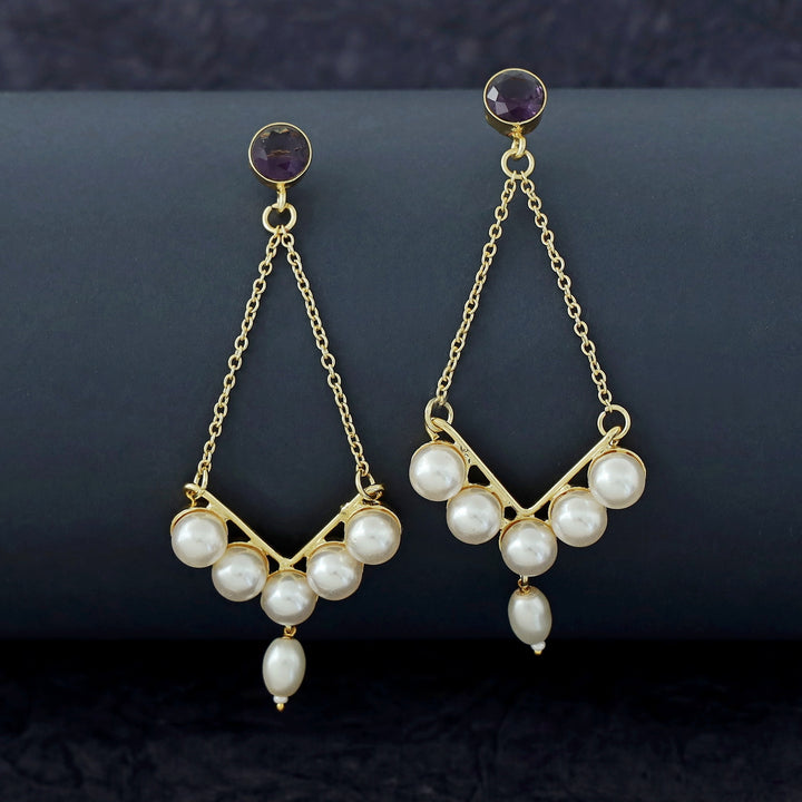 Dhivara Golden V Shape Pearl Glossy Stone Earring