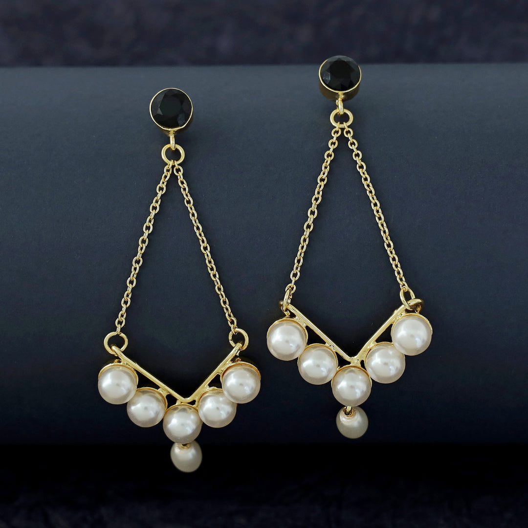 Dhivara Golden V Shape Pearl Glossy Stone Earring