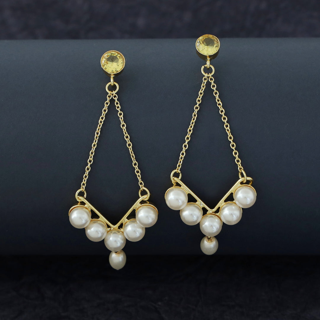 Dhivara Golden V Shape Pearl Glossy Stone Earring