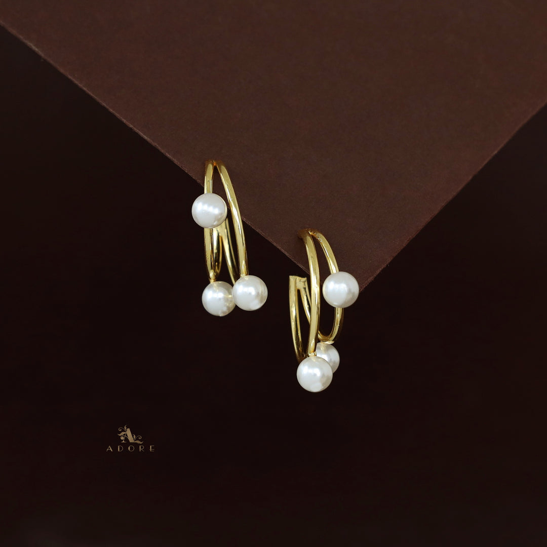 Golden 2 Layer Tri Pearl Hoop Earring