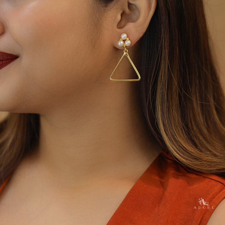 Golden Tri Pearl Triangle Earring