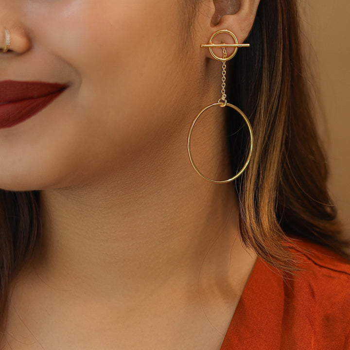 Golden Dual Circle And Line 2 in 1 Earring