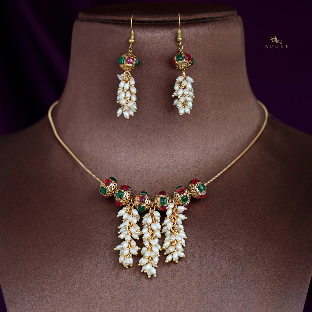 Bhrithi Pearl Clustered String Neckpiece With Drop