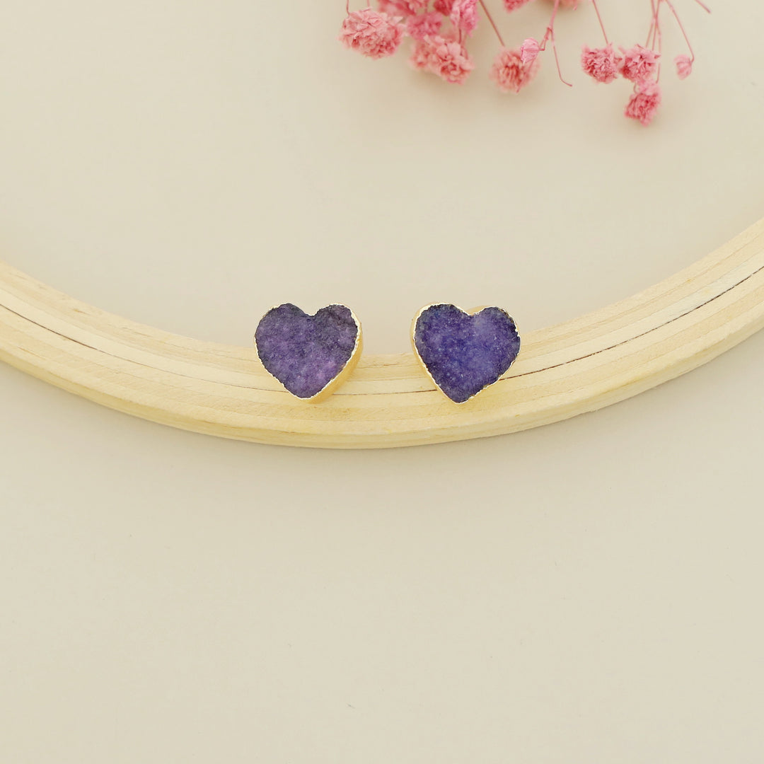 Golden Electro Plated Druzy Heart Stud