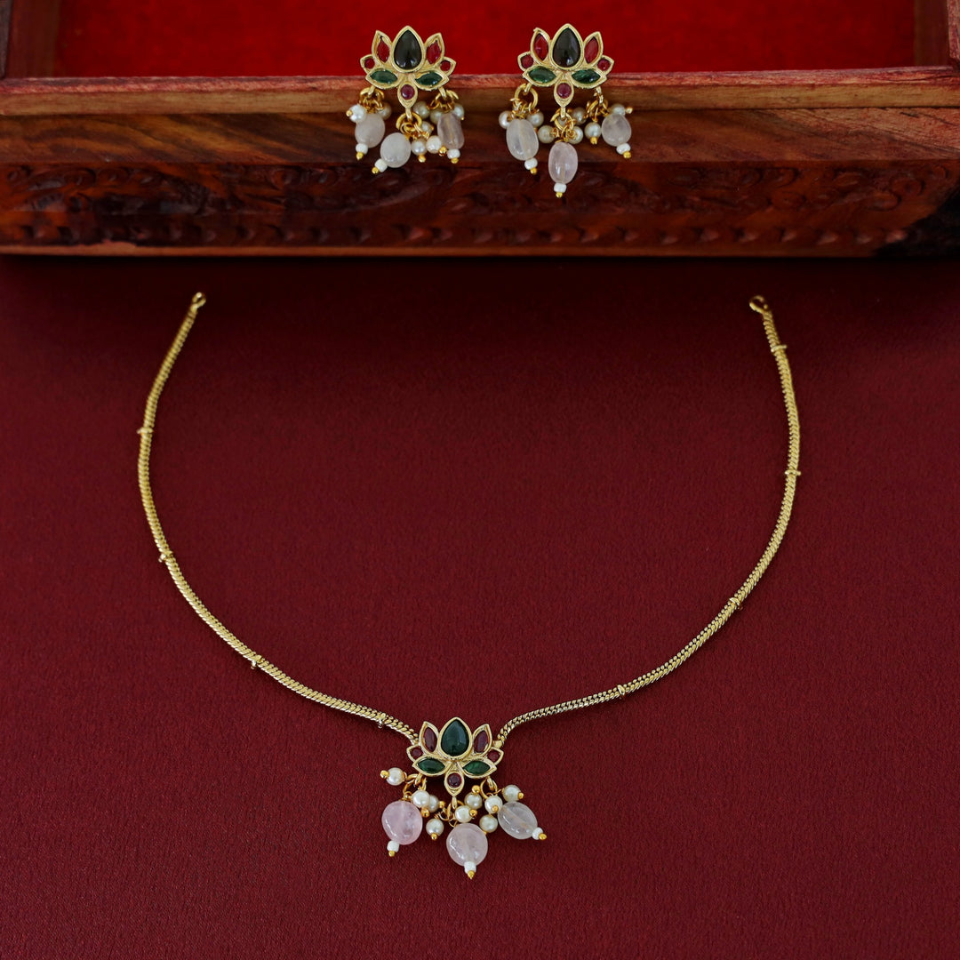 Haritha Pearl Golden Flower Short Neckpiece With Earring