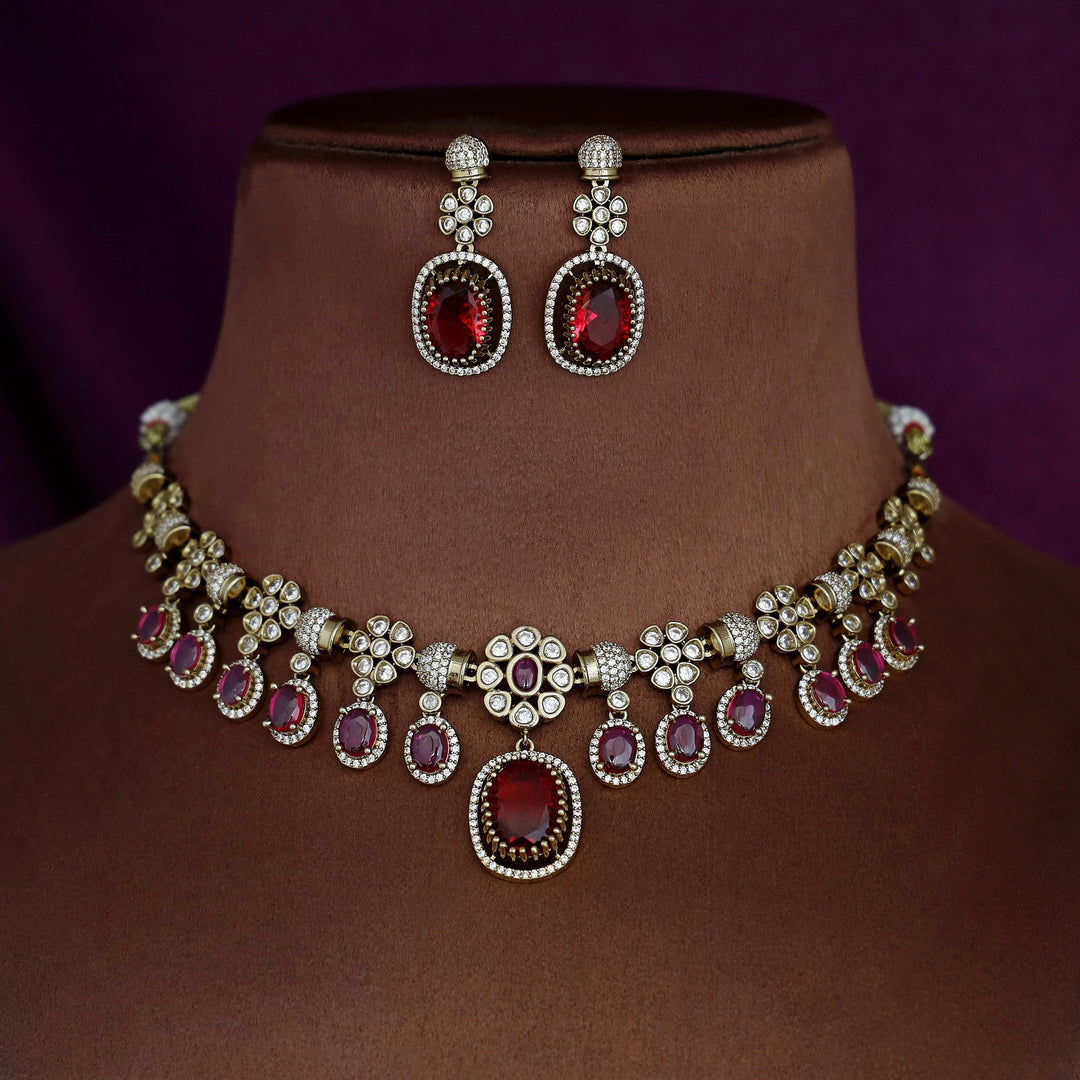 Advitha Glossy Floral AD Stone Neckpiece With Earring