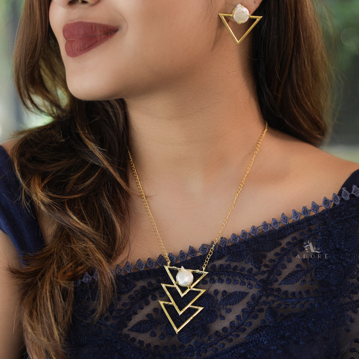 Golden Inverted Triangle Baroque Neckpiece With Earring