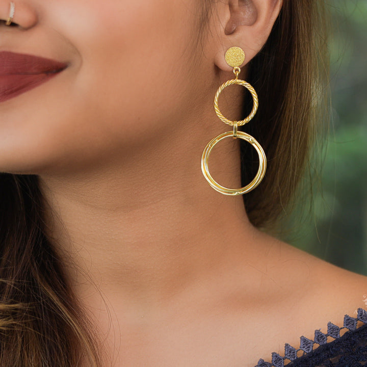 Golden Textured Twisted Tri Circle Earring