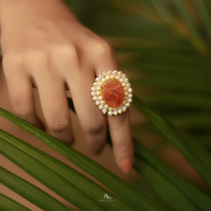 Raw Stone Oval Cluster Pearl Ring