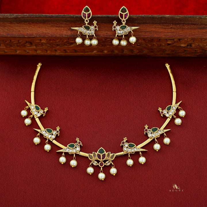 Indrakshi Lotus Pearl Mayura Short Neckpiece With Earring