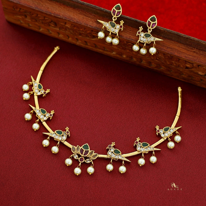 Indrakshi Lotus Pearl Mayura Short Neckpiece With Earring