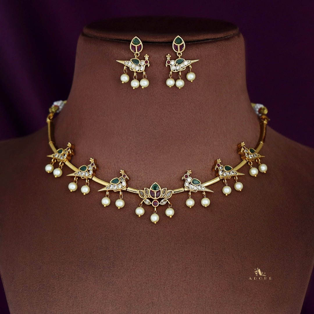 Indrakshi Lotus Pearl Mayura Short Neckpiece With Earring