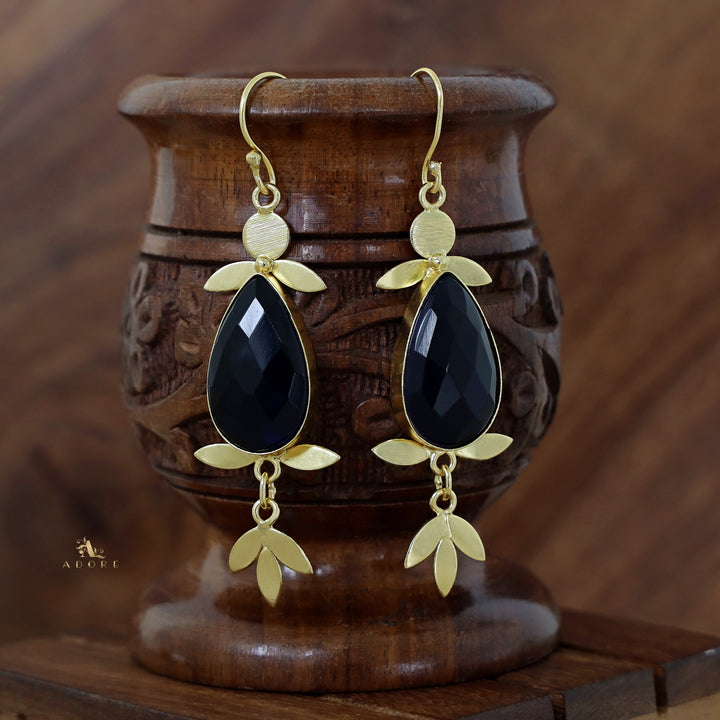 Golden Glossy Stone Leafy Drop Earring