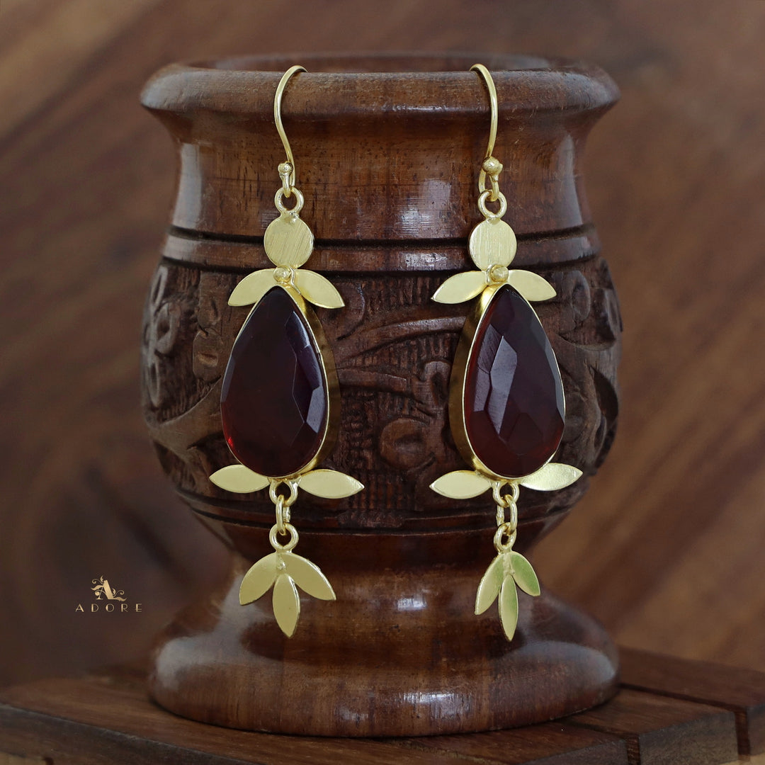 Golden Glossy Stone Leafy Drop Earring