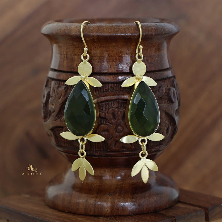 Golden Glossy Stone Leafy Drop Earring