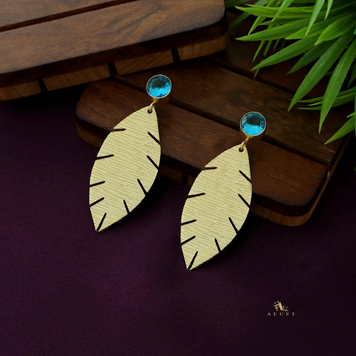 Golden Textured Leaf And Round Glossy Earring