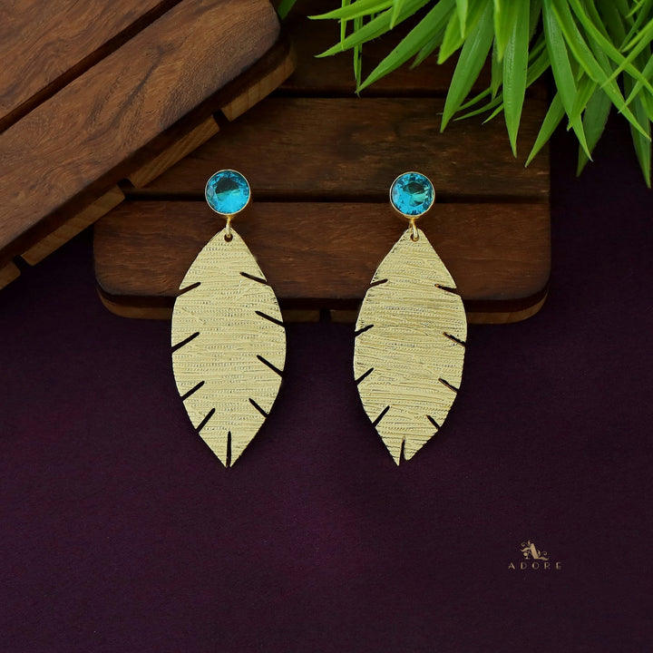 Golden Textured Leaf And Round Glossy Earring