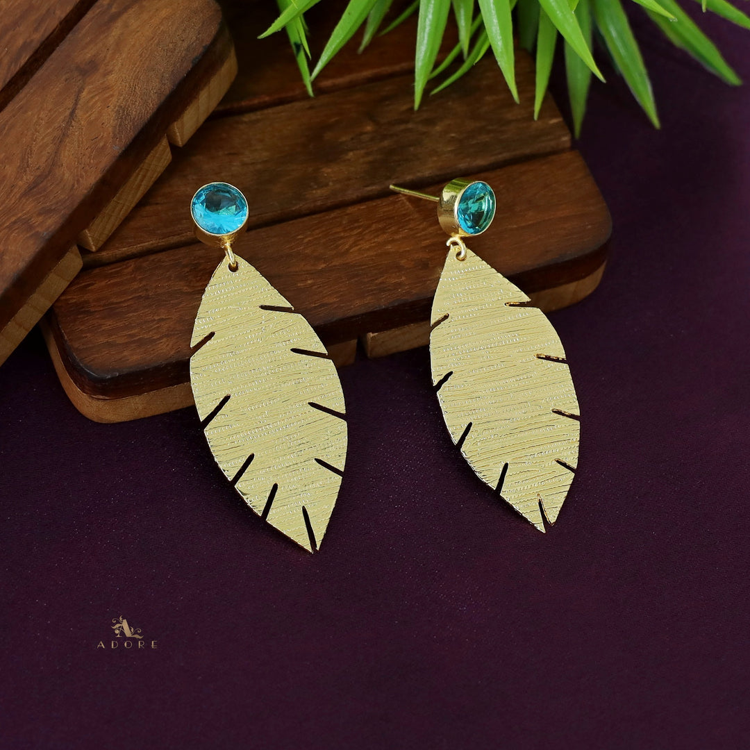 Golden Textured Leaf And Round Glossy Earring