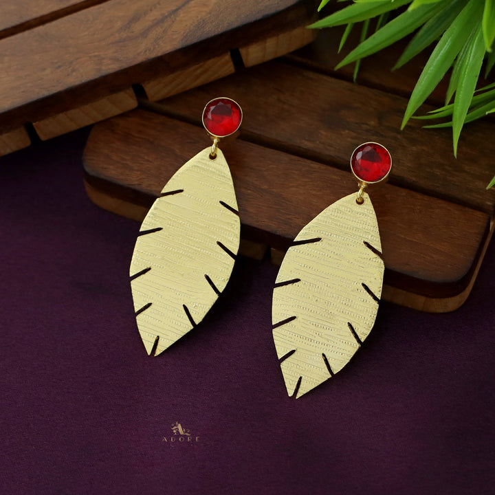 Golden Textured Leaf And Round Glossy Earring